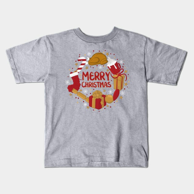 Merry Christmas Gifts Turkey Stocking Lettering Digital Illustration Kids T-Shirt by AlmightyClaire